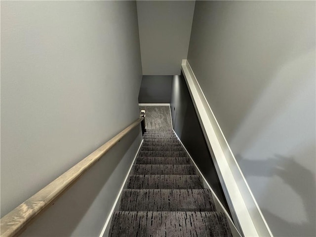 6601 Lakeside Cir, Odessa, MO 64076 - stairway featuring carpet flooring and baseboards
