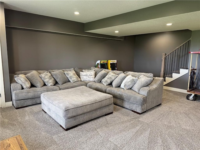 6601 Lakeside Cir, Odessa, MO 64076 - carpeted living area featuring stairway and recessed lighting