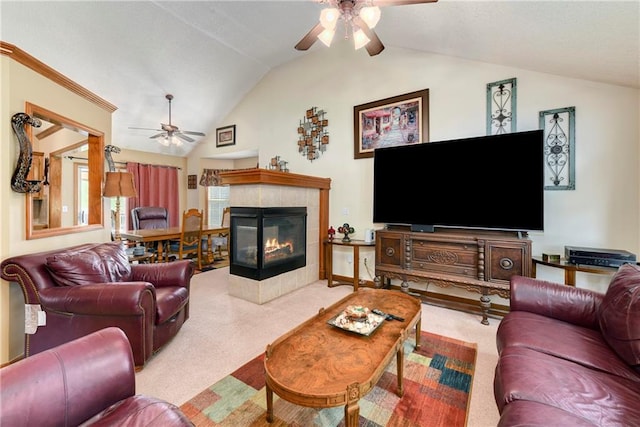 1412 Bradford Dr, Greenwood, MO 64034 - carpeted living area with ceiling fan, lofted ceiling, and a fireplace