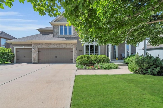 2301 NE 110th St, Kansas City, MO 64155 - view of property hidden behind natural elements featuring driveway, stone siding, a front yard, and an attached garage