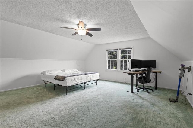 12509 W 100th Ter, Lenexa, KS 66215 - bedroom featuring a desk, carpet flooring, lofted ceiling, a ceiling fan, and a textured ceiling