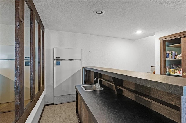 12509 W 100th Ter, Lenexa, KS 66215 - bar featuring freestanding refrigerator, a textured ceiling, light colored carpet, and recessed lighting