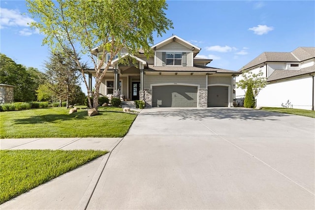 15945 W 165th St, Olathe, KS 66062 - craftsman-style house featuring concrete driveway, a front lawn, stone siding, an attached garage, and a garage