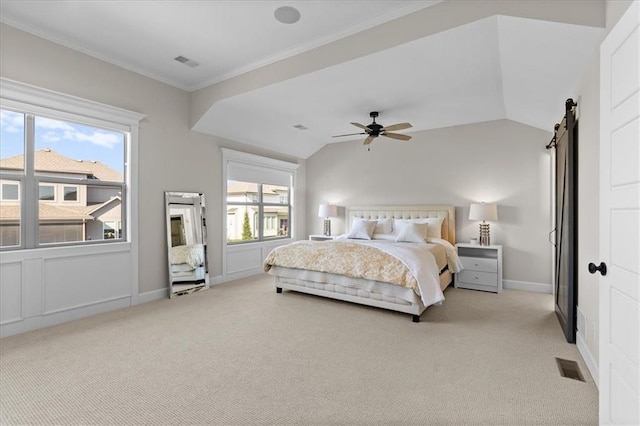 15945 W 165th St, Olathe, KS 66062 - bedroom with light colored carpet, a barn door, baseboards, lofted ceiling, and ceiling fan
