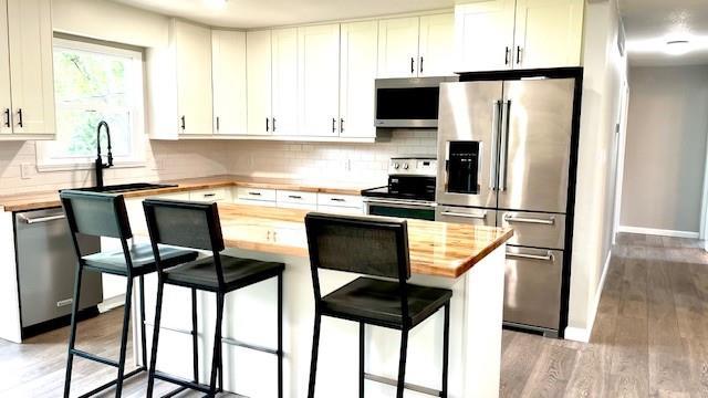 1636 S Poplar St, Ottawa, KS 66067 - kitchen featuring butcher block counters, appliances with stainless steel finishes, a sink, and backsplash