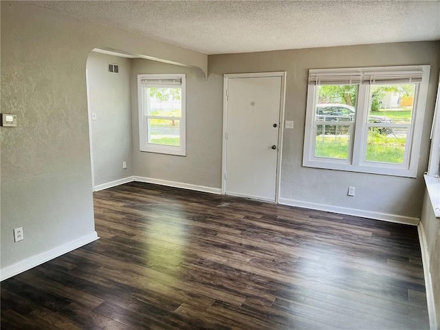 6823 S Benton Ave, Kansas City, MO 64132 - entryway with plenty of natural light, dark wood finished floors, arched walkways, a textured ceiling, and a textured wall