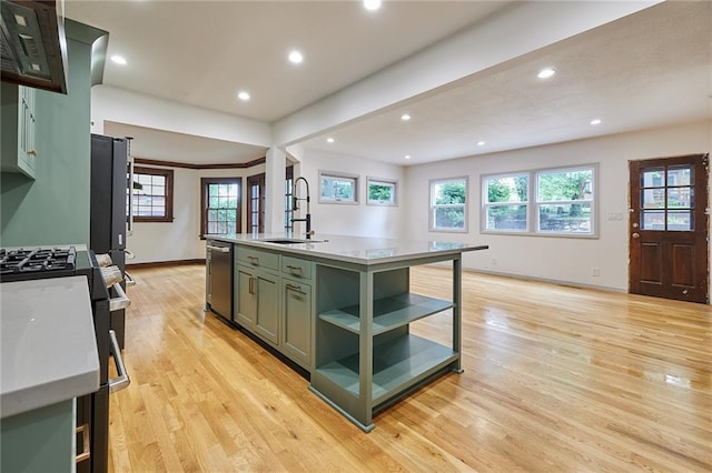 918 W 32nd Ter, Kansas City, MO 64111 - kitchen featuring a sink, green cabinetry, light wood-type flooring, stainless steel appliances, and recessed lighting