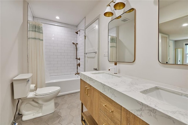 918 W 32nd Ter, Kansas City, MO 64111 - full bathroom with toilet, shower / tub combo with curtain, double vanity, tile patterned floors, and recessed lighting