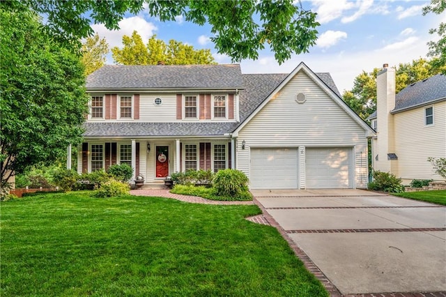 8541 Oakview Dr, Lenexa, KS 66215 - colonial home with an attached garage, driveway, a porch, a front yard, and a shingled roof