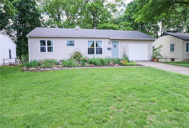 5904 N Howard Ave, Gladstone, MO 64118 - ranch-style home with a garage, driveway, a front lawn, and stucco siding