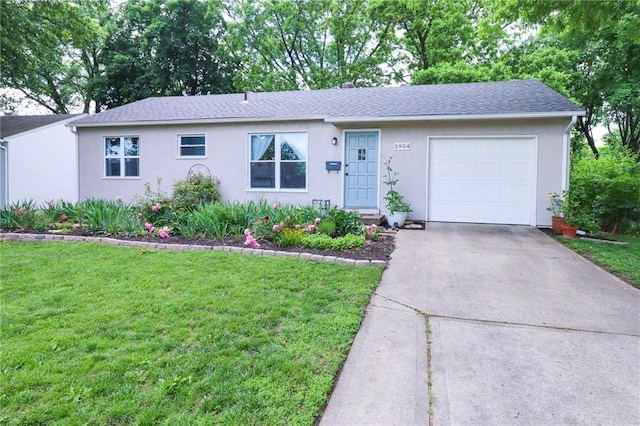 5904 N Howard Ave, Gladstone, MO 64118 - ranch-style house featuring a front lawn, stucco siding, driveway, an attached garage, and a shingled roof