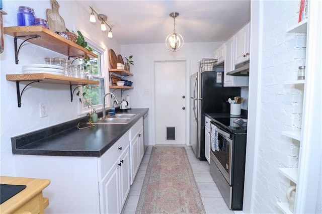 5904 N Howard Ave, Gladstone, MO 64118 - kitchen featuring open shelves, a sink, stainless steel appliances, dark countertops, and white cabinets
