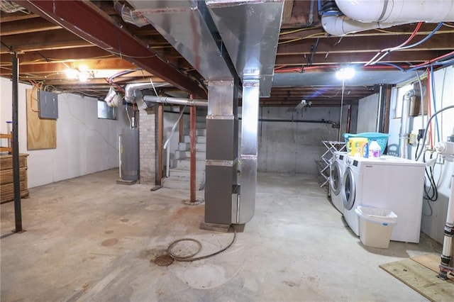 5904 N Howard Ave, Gladstone, MO 64118 - below grade area with washing machine and dryer, gas water heater, electric panel, heating unit, and stairs