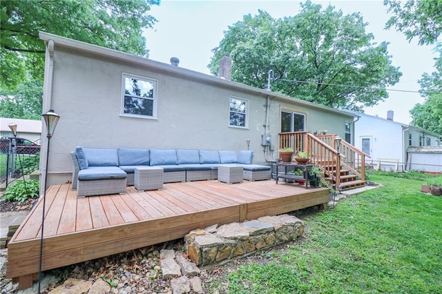 5904 N Howard Ave, Gladstone, MO 64118 - rear view of house featuring outdoor lounge area, a wooden deck, stucco siding, and a chimney