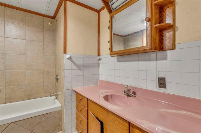 39135 Plum Creek Rd, Osawatomie, KS 66064 - full bath featuring tile walls, vanity, crown molding, and tiled shower / bath
