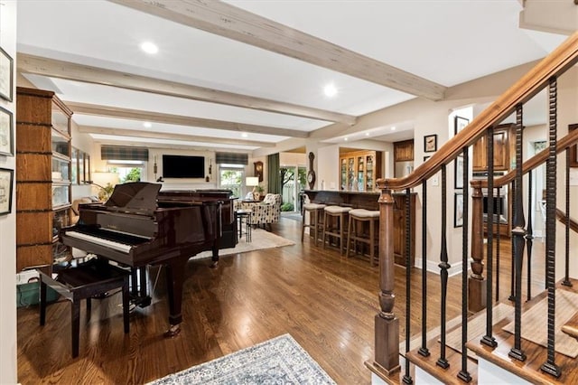 4325 W 112th St, Leawood, KS 66211 - foyer entrance featuring wood finished floors, beamed ceiling, bar, and recessed lighting