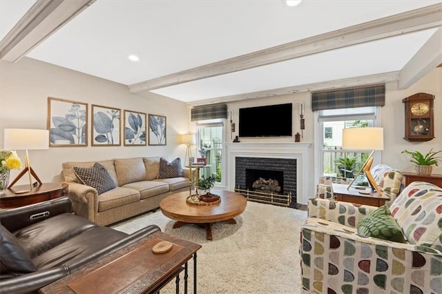 4325 W 112th St, Leawood, KS 66211 - living room with beamed ceiling, plenty of natural light, a fireplace with flush hearth, and recessed lighting
