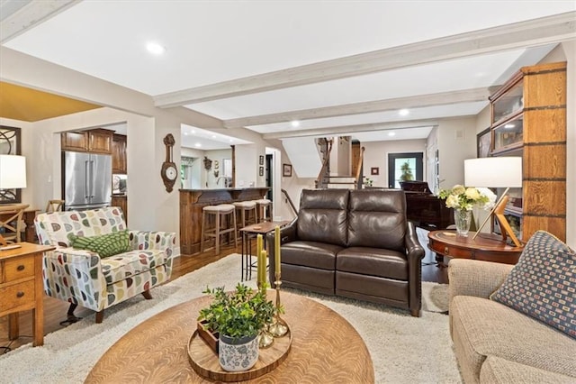 4325 W 112th St, Leawood, KS 66211 - living area featuring recessed lighting, bar, beam ceiling, and light carpet