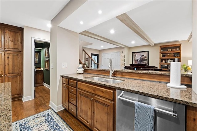 4325 W 112th St, Leawood, KS 66211 - kitchen featuring stainless steel dishwasher, stone counters, dark wood-type flooring, brown cabinetry, and recessed lighting