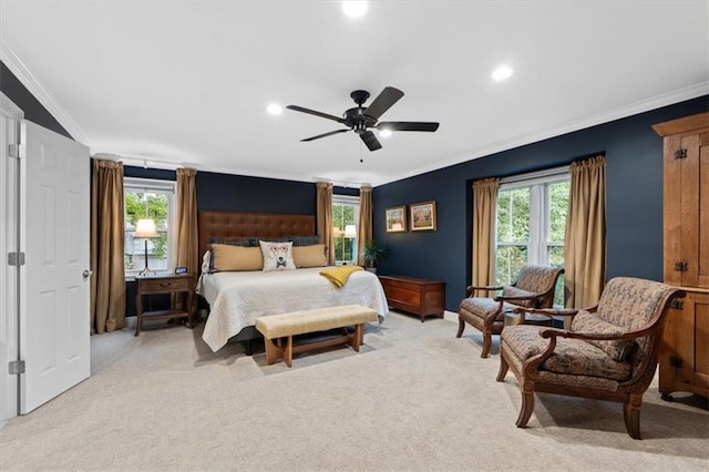 4325 W 112th St, Leawood, KS 66211 - bedroom with crown molding, light colored carpet, recessed lighting, and ceiling fan