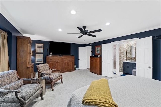 4325 W 112th St, Leawood, KS 66211 - bedroom with crown molding, light carpet, recessed lighting, ensuite bath, and a ceiling fan