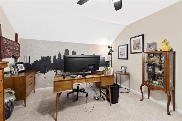 4325 W 112th St, Leawood, KS 66211 - home office featuring light colored carpet, a ceiling fan, and vaulted ceiling