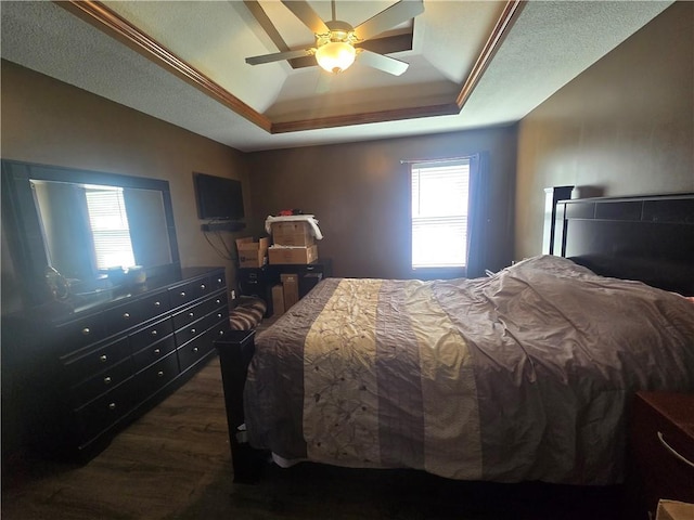 657 SW Tisha Ln, Grain Valley, MO 64029 - bedroom with a raised ceiling, dark wood-type flooring, a ceiling fan, and lofted ceiling