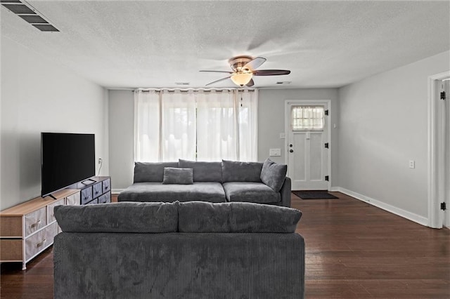 1304 6th Ave, Leavenworth, KS 66048 - living room with ceiling fan, a textured ceiling, and dark wood-type flooring