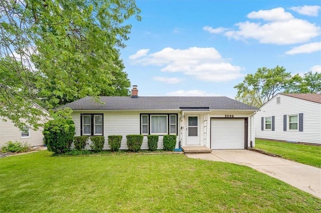 2504 NE 60th St, Gladstone, MO 64118 - single story home featuring concrete driveway, an attached garage, a front yard, and a chimney