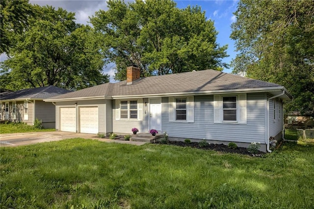 9203 James A Reed Rd, Kansas City, MO 64138 - ranch-style house with a chimney, a garage, and concrete driveway