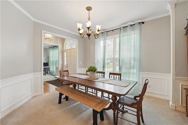 11580 S Skyview Ln, Olathe, KS 66061 - dining area featuring wainscoting, crown molding, a decorative wall, a chandelier, and a textured ceiling