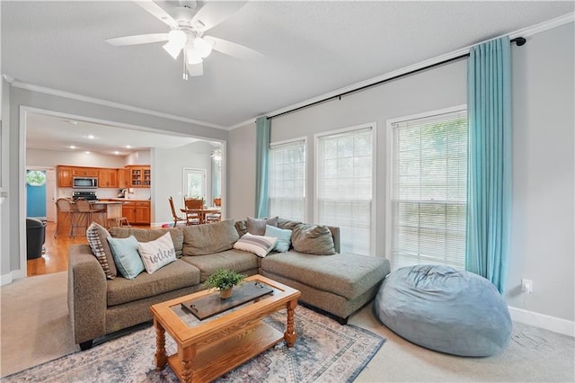 11580 S Skyview Ln, Olathe, KS 66061 - living area featuring ornamental molding, ceiling fan, light colored carpet, and baseboards