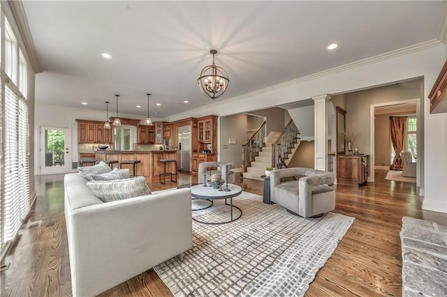 14606 Granada Rd, Leawood, KS 66224 - living room featuring stairway, healthy amount of natural light, recessed lighting, light wood-style floors, and baseboards