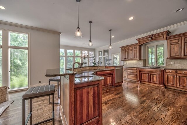 14606 Granada Rd, Leawood, KS 66224 - kitchen with a sink, dishwasher, dark wood-type flooring, ornamental molding, and healthy amount of natural light
