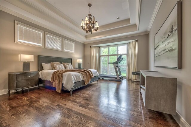 14606 Granada Rd, Leawood, KS 66224 - bedroom with ornamental molding, a chandelier, a tray ceiling, dark wood-style floors, and baseboards
