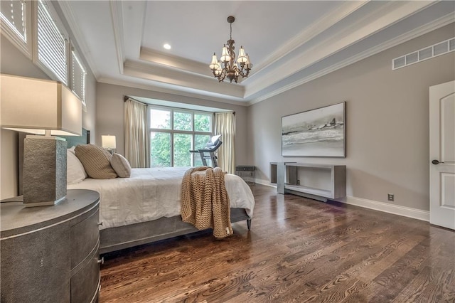 14606 Granada Rd, Leawood, KS 66224 - bedroom with crown molding, a chandelier, wood finished floors, a tray ceiling, and baseboards