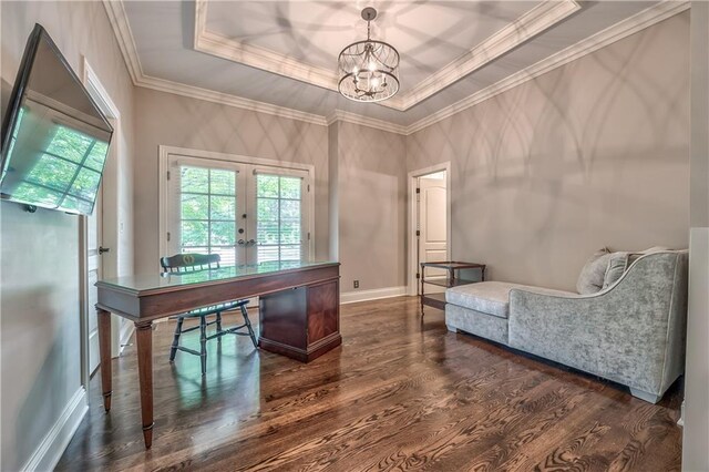 14606 Granada Rd, Leawood, KS 66224 - office space featuring french doors, healthy amount of natural light, a chandelier, a raised ceiling, and crown molding