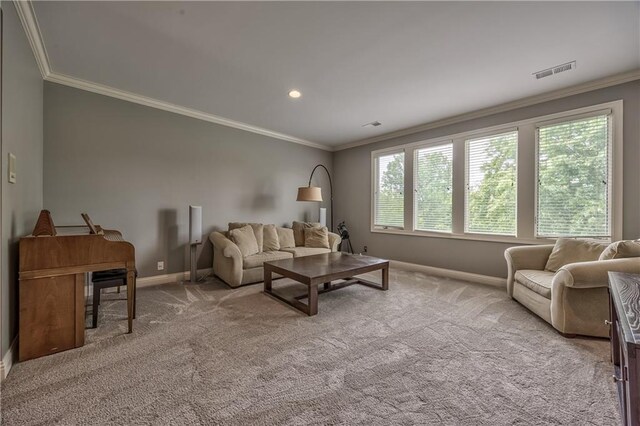 14606 Granada Rd, Leawood, KS 66224 - carpeted living room featuring ornamental molding and baseboards