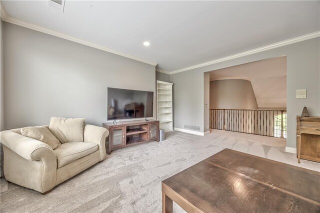 14606 Granada Rd, Leawood, KS 66224 - living room with carpet floors, crown molding, baseboards, and recessed lighting