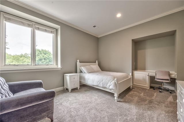 14606 Granada Rd, Leawood, KS 66224 - bedroom featuring baseboards, carpet flooring, ornamental molding, an office area, and recessed lighting