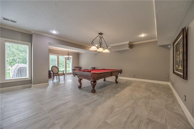 14606 Granada Rd, Leawood, KS 66224 - game room featuring crown molding, a textured ceiling, billiards, baseboards, and recessed lighting