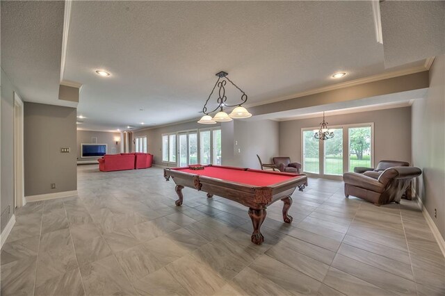 14606 Granada Rd, Leawood, KS 66224 - playroom with ornamental molding, a textured ceiling, baseboards, billiards, and recessed lighting