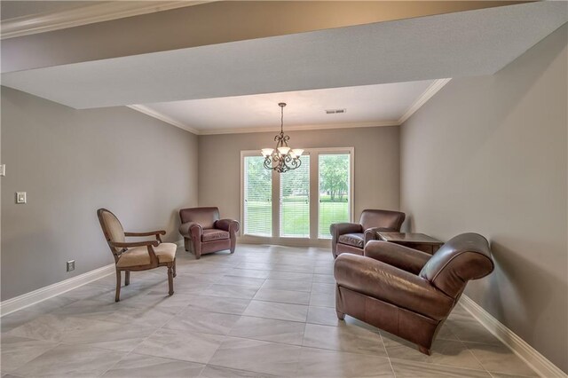 14606 Granada Rd, Leawood, KS 66224 - living area featuring crown molding, a chandelier, and baseboards
