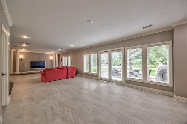 14606 Granada Rd, Leawood, KS 66224 - unfurnished living room featuring crown molding, baseboards, and recessed lighting
