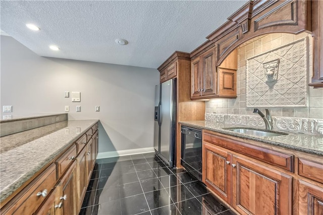 14606 Granada Rd, Leawood, KS 66224 - kitchen featuring black dishwasher, stainless steel refrigerator with ice dispenser, baseboards, a sink, and backsplash