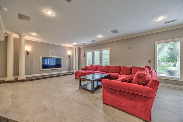 14606 Granada Rd, Leawood, KS 66224 - living area featuring ornate columns, ornamental molding, baseboards, recessed lighting, and a textured ceiling