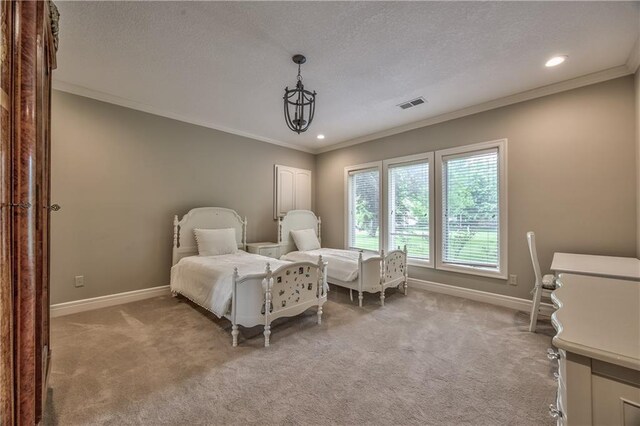 14606 Granada Rd, Leawood, KS 66224 - bedroom featuring baseboards, ornamental molding, light colored carpet, recessed lighting, and a textured ceiling