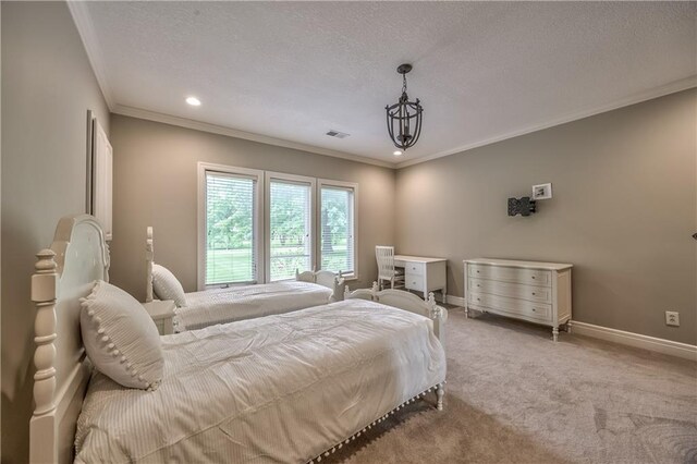 14606 Granada Rd, Leawood, KS 66224 - bedroom featuring crown molding, light carpet, baseboards, recessed lighting, and a textured ceiling