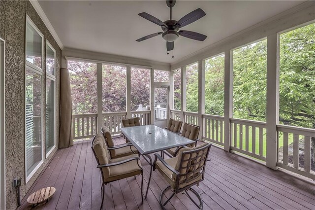 14606 Granada Rd, Leawood, KS 66224 - sunroom featuring ceiling fan, outdoor dining space, and plenty of natural light