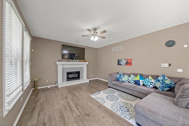 12890 S Greenwood St, Olathe, KS 66062 - living area with wood finished floors, a glass covered fireplace, a ceiling fan, and baseboards